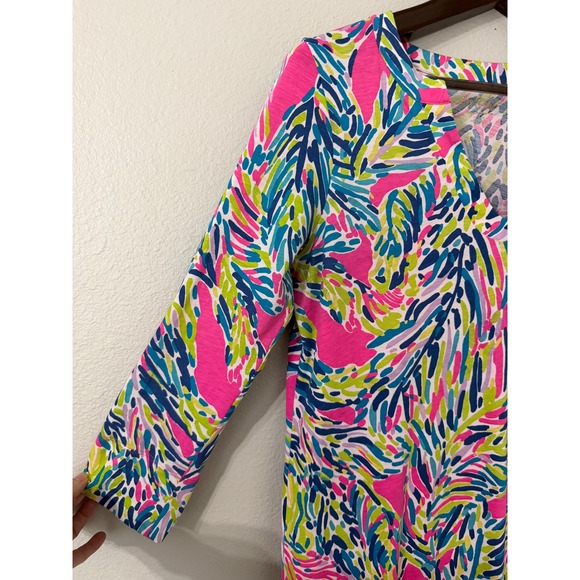 Lilly Pulitzer Rossmore Dress 3/4 Sleeve V Neck Pink Blue Green Palm Print Large - Picture 4 of 7